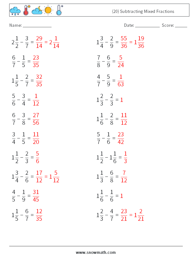 (20) Subtracting Mixed Fractions Maths Worksheets 16 Question, Answer