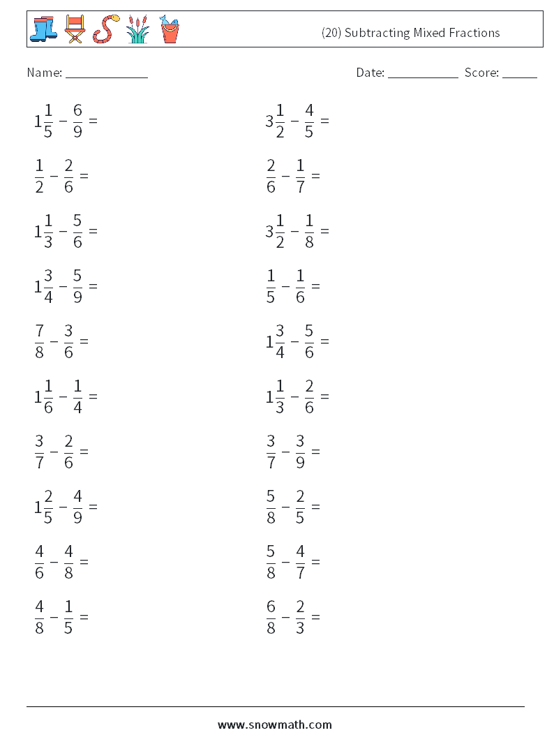 (20) Subtracting Mixed Fractions Maths Worksheets 17