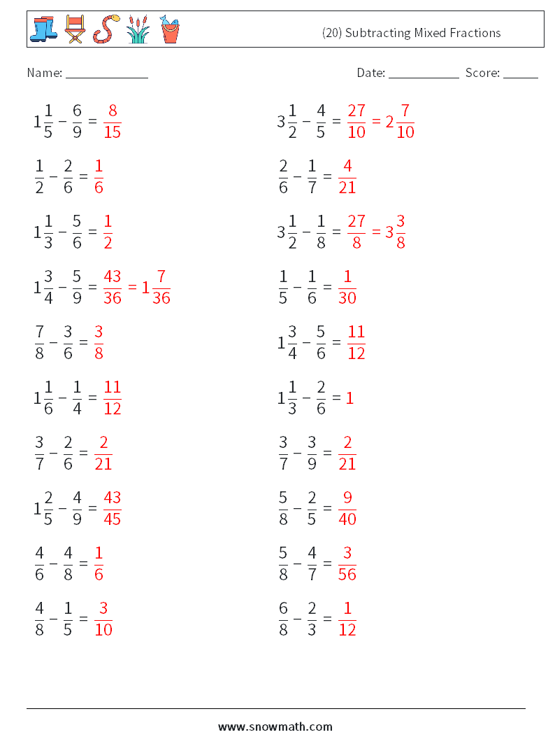 (20) Subtracting Mixed Fractions Maths Worksheets 17 Question, Answer