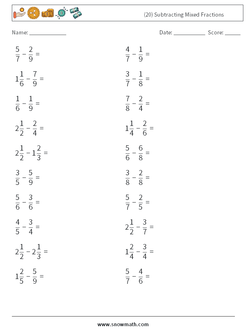 (20) Subtracting Mixed Fractions Maths Worksheets 18