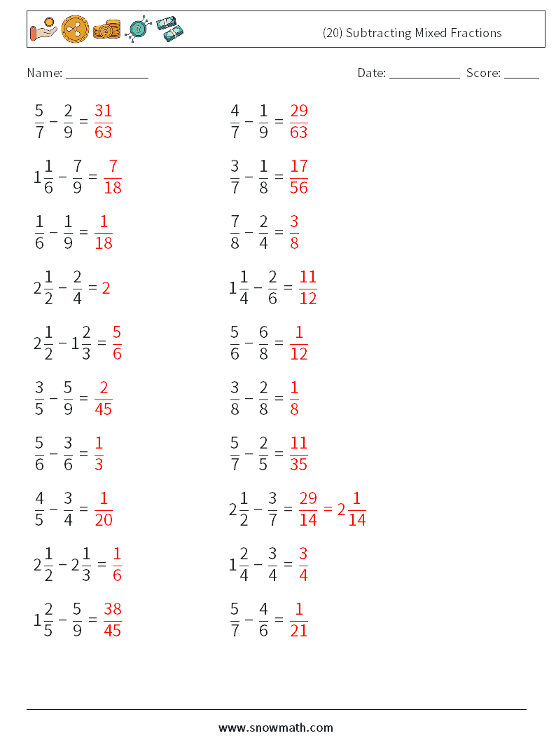 (20) Subtracting Mixed Fractions Maths Worksheets 18 Question, Answer