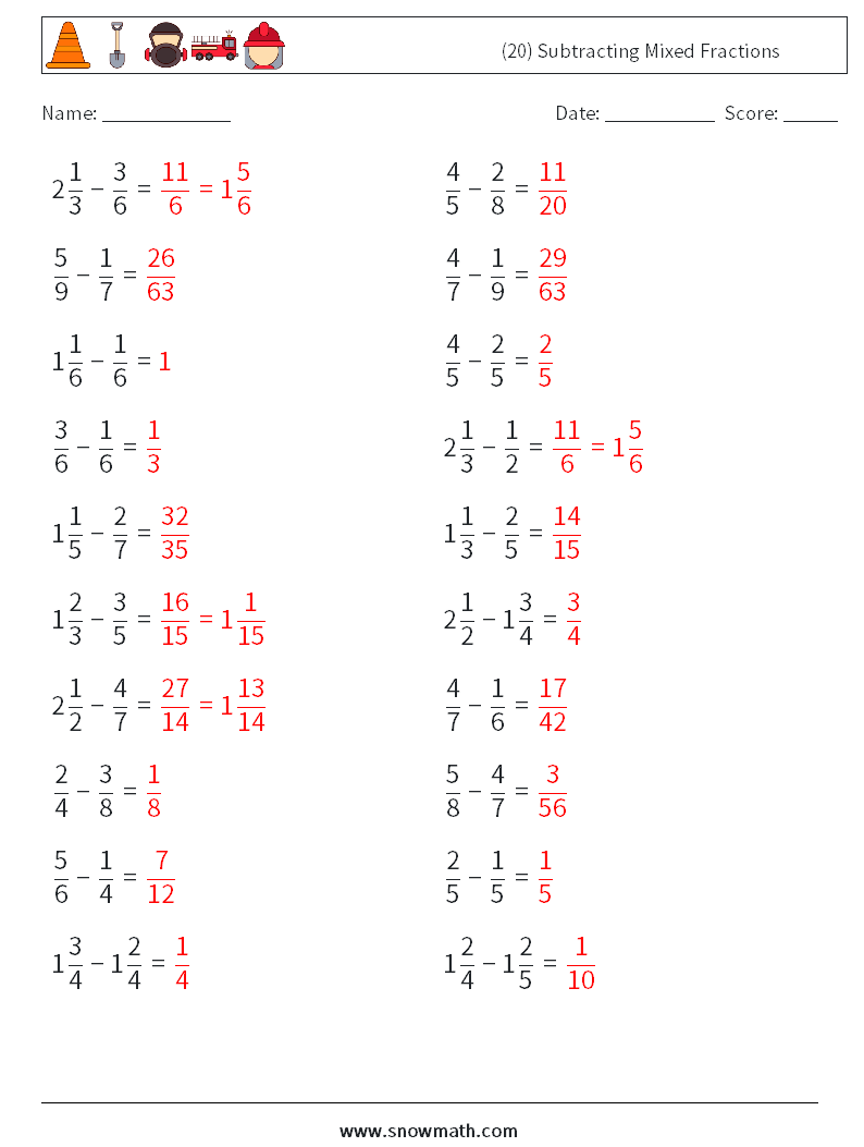 (20) Subtracting Mixed Fractions Maths Worksheets 1 Question, Answer