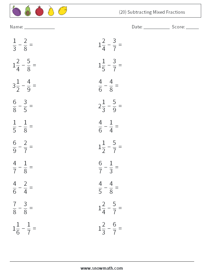 (20) Subtracting Mixed Fractions Maths Worksheets 2