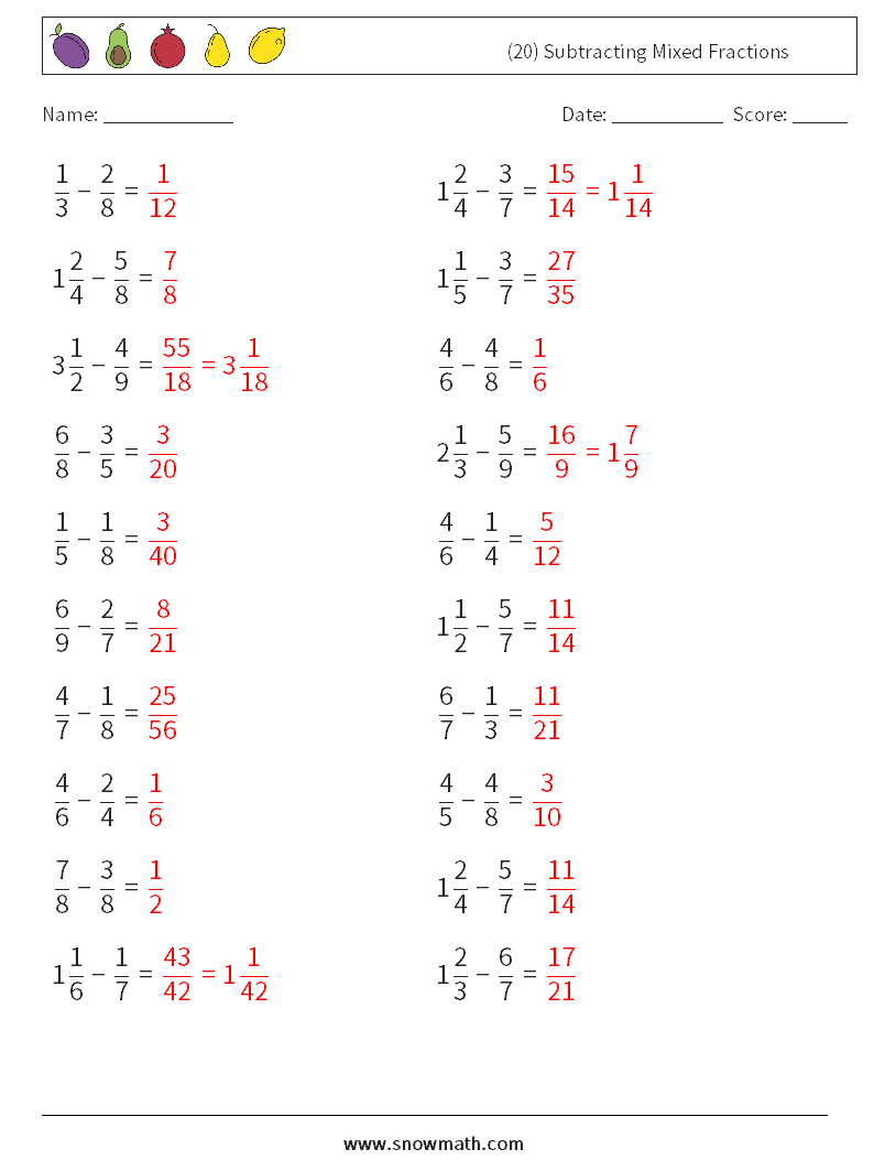 (20) Subtracting Mixed Fractions Maths Worksheets 2 Question, Answer