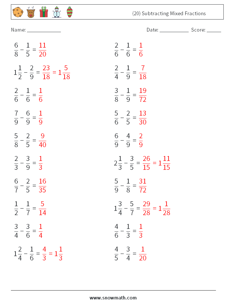 (20) Subtracting Mixed Fractions Maths Worksheets 3 Question, Answer