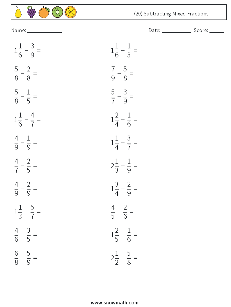 (20) Subtracting Mixed Fractions Maths Worksheets 4