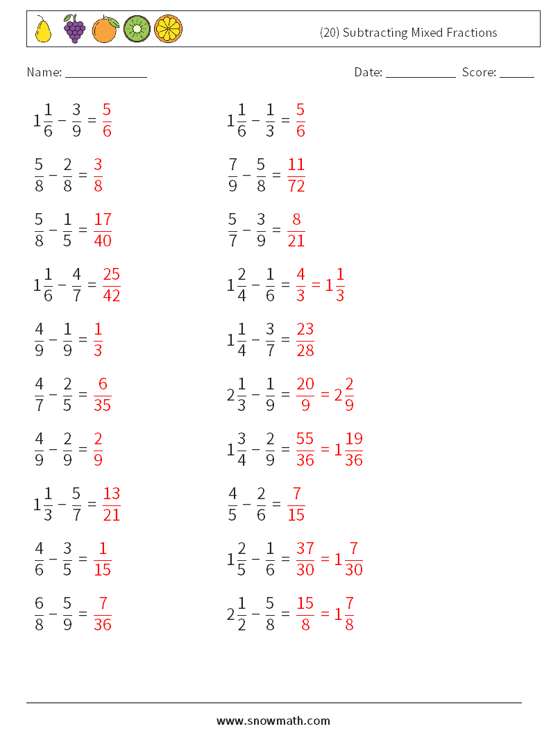 (20) Subtracting Mixed Fractions Maths Worksheets 4 Question, Answer