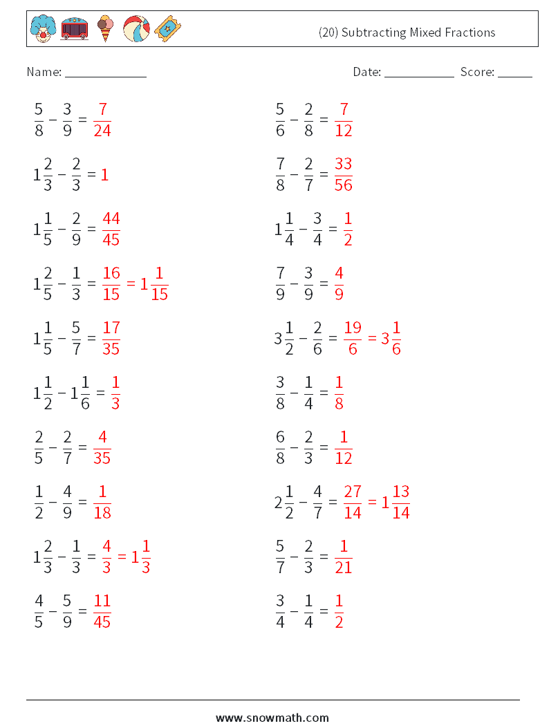 (20) Subtracting Mixed Fractions Maths Worksheets 5 Question, Answer