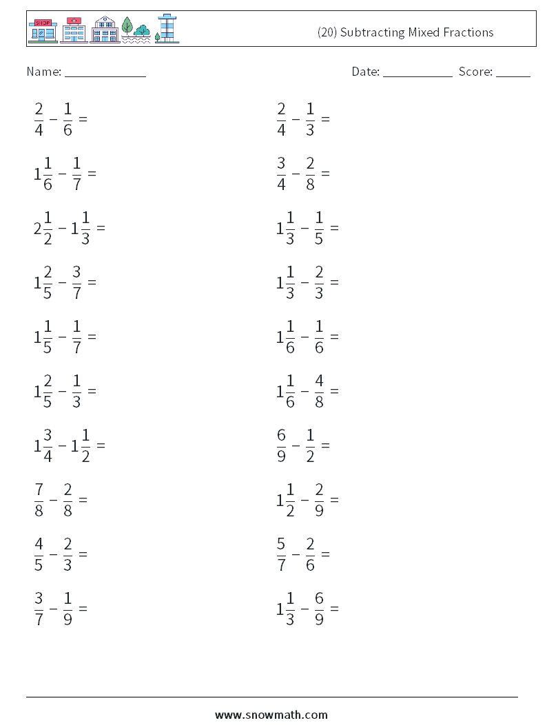 (20) Subtracting Mixed Fractions Maths Worksheets 6