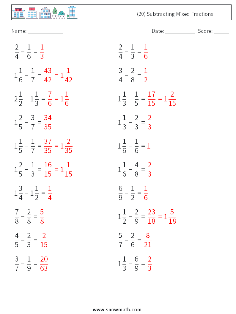 (20) Subtracting Mixed Fractions Maths Worksheets 6 Question, Answer