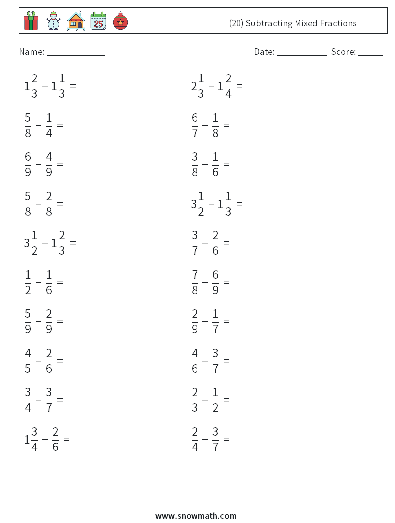 (20) Subtracting Mixed Fractions Maths Worksheets 7