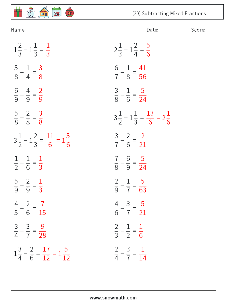 (20) Subtracting Mixed Fractions Maths Worksheets 7 Question, Answer
