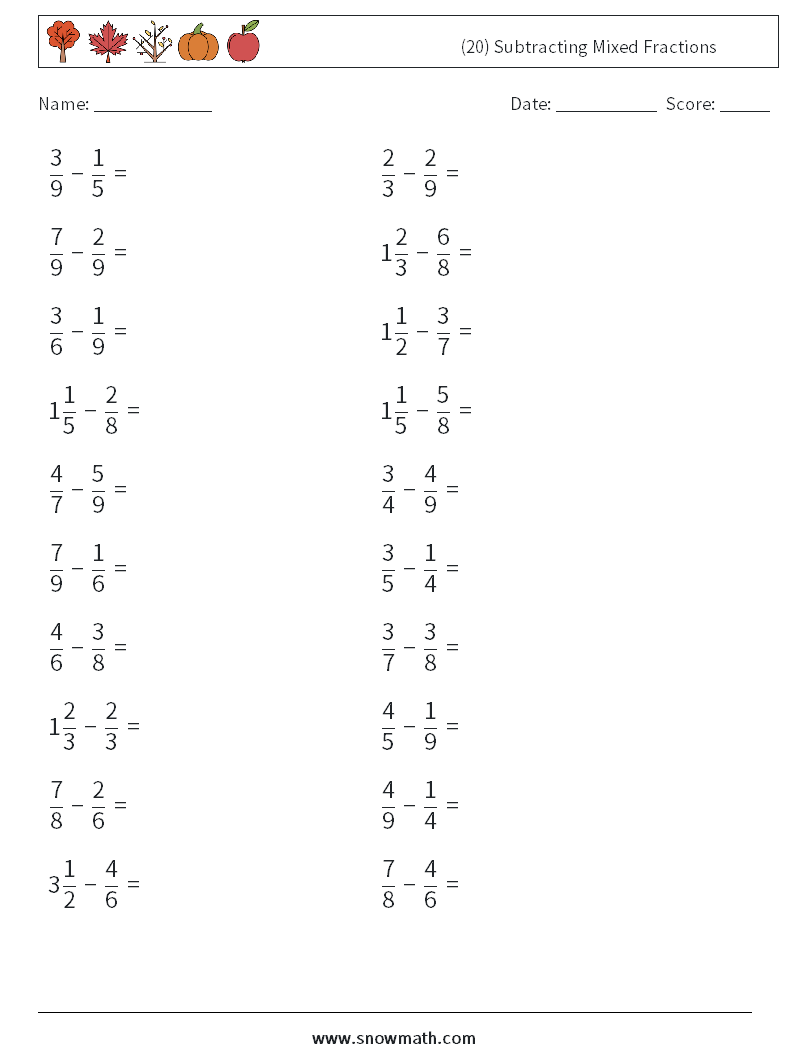 (20) Subtracting Mixed Fractions Maths Worksheets 8