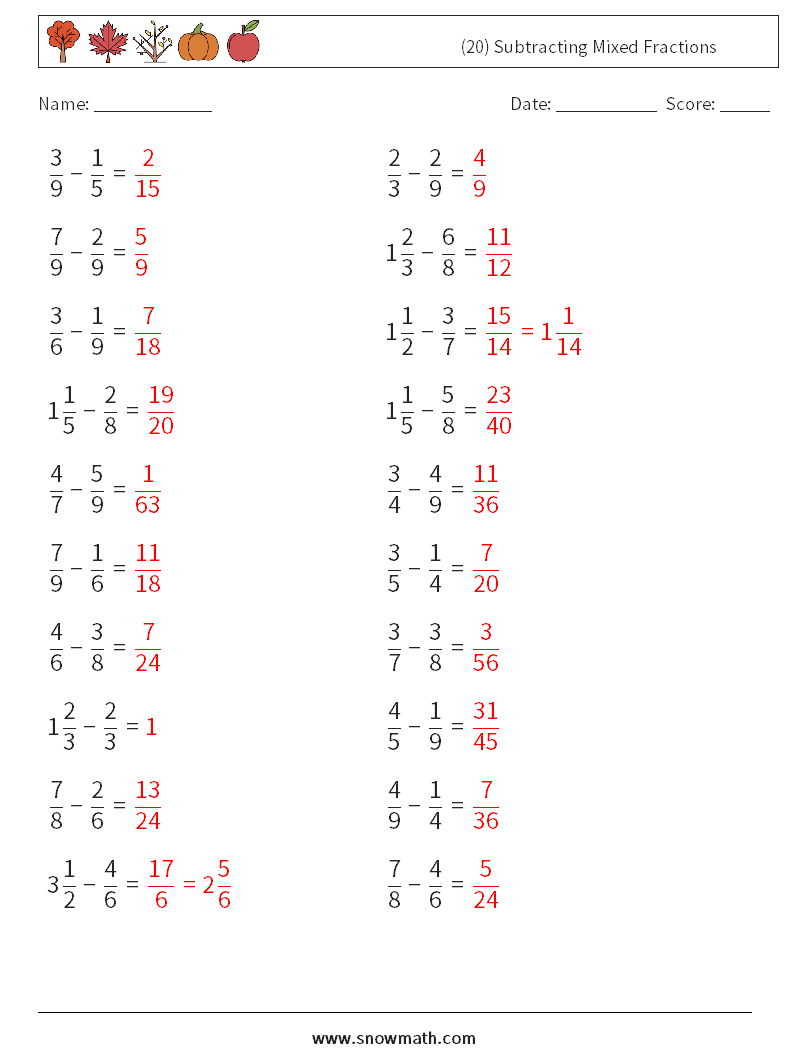 (20) Subtracting Mixed Fractions Maths Worksheets 8 Question, Answer