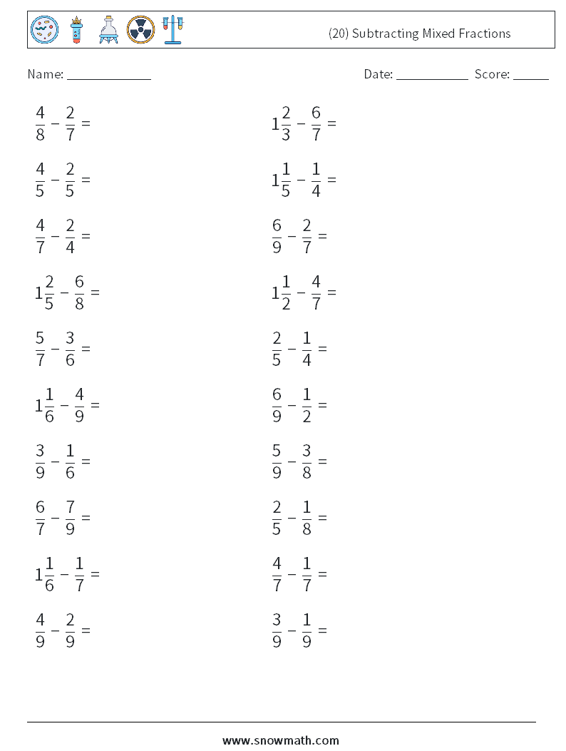 (20) Subtracting Mixed Fractions Maths Worksheets 9