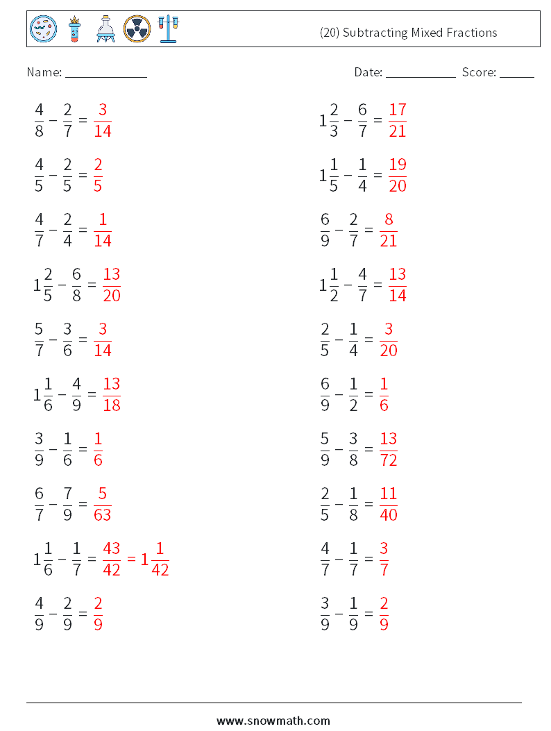 (20) Subtracting Mixed Fractions Maths Worksheets 9 Question, Answer
