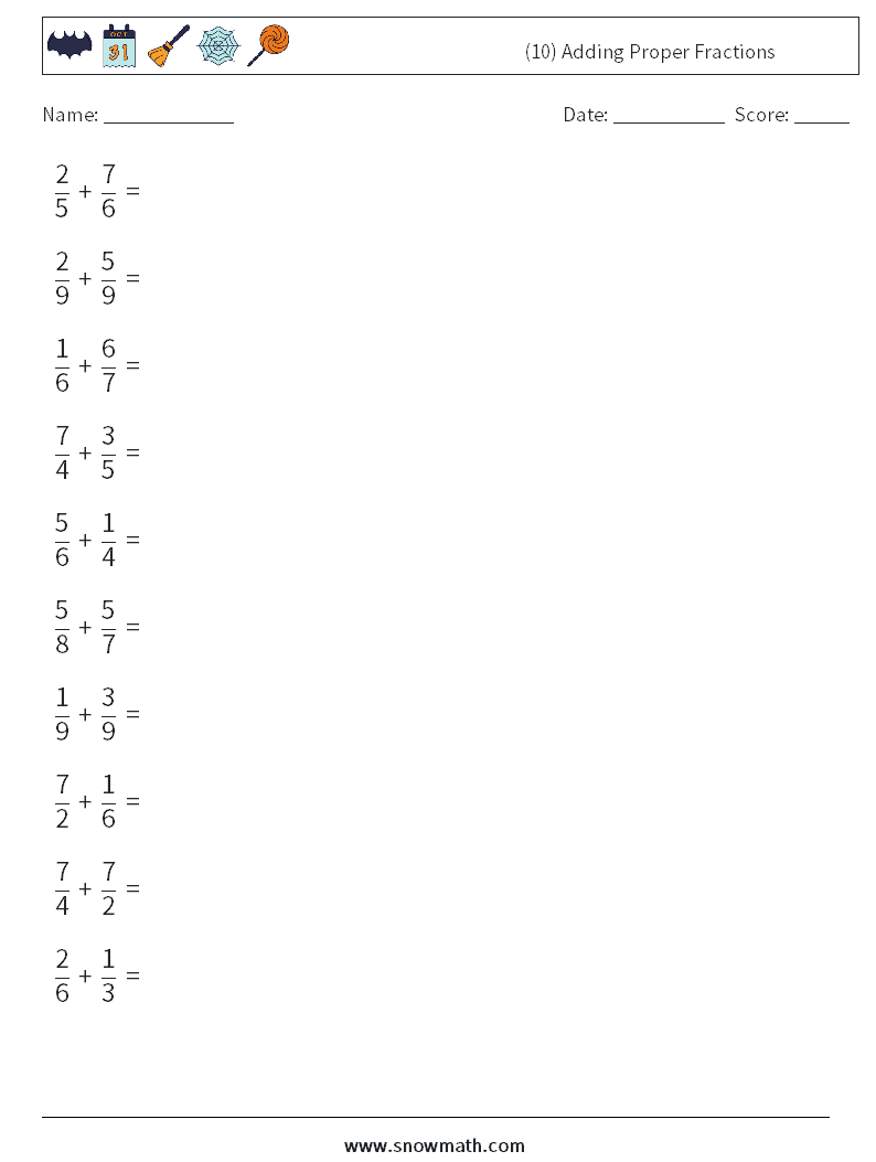 (10) Adding Proper Fractions Maths Worksheets 1