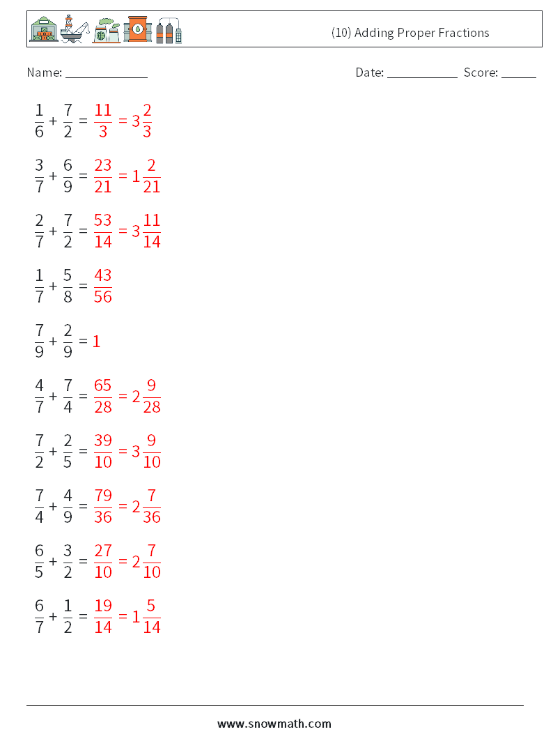 (10) Adding Proper Fractions Maths Worksheets 10 Question, Answer