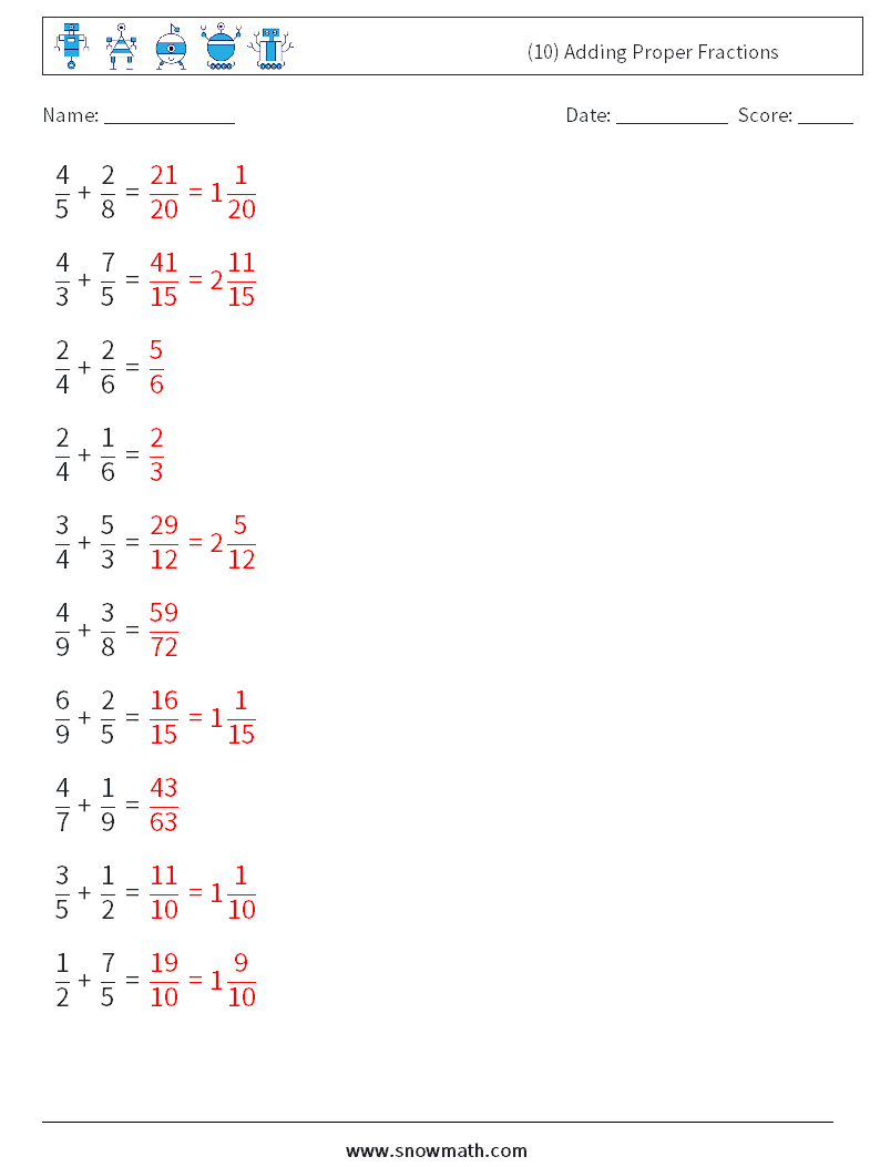 (10) Adding Proper Fractions Maths Worksheets 11 Question, Answer