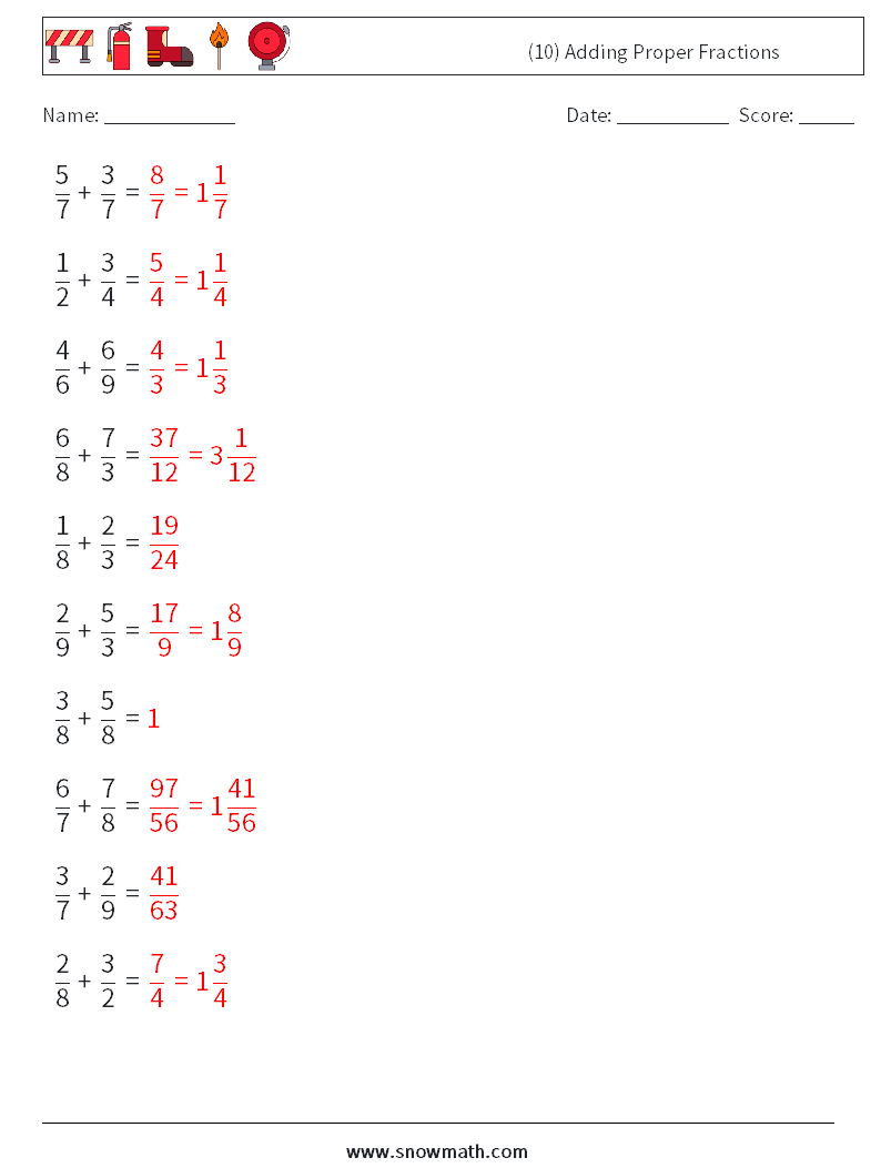 (10) Adding Proper Fractions Maths Worksheets 12 Question, Answer