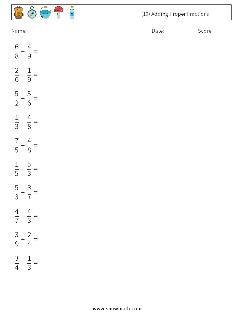 (10) Adding Proper Fractions Maths Worksheets 13