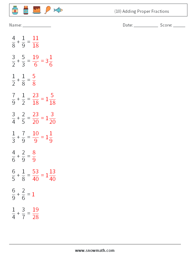 (10) Adding Proper Fractions Maths Worksheets 14 Question, Answer