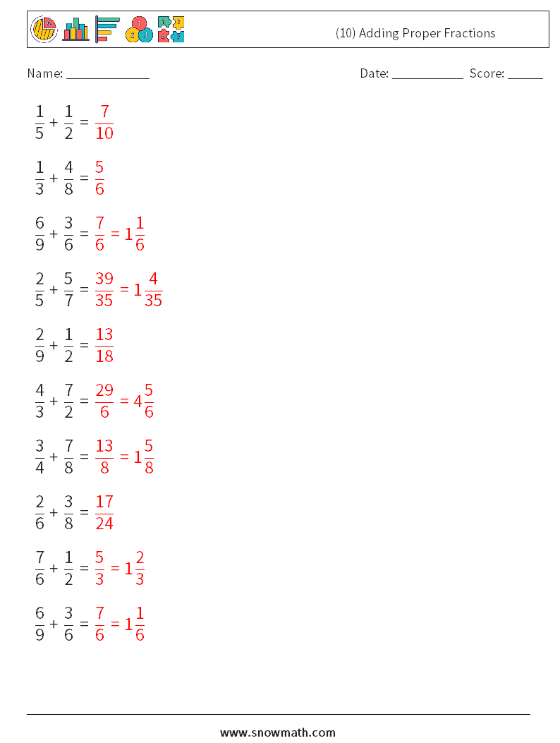 (10) Adding Proper Fractions Maths Worksheets 15 Question, Answer