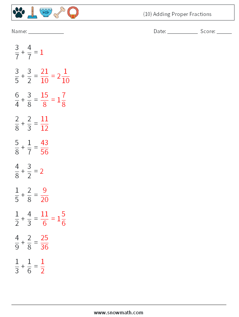 (10) Adding Proper Fractions Maths Worksheets 16 Question, Answer