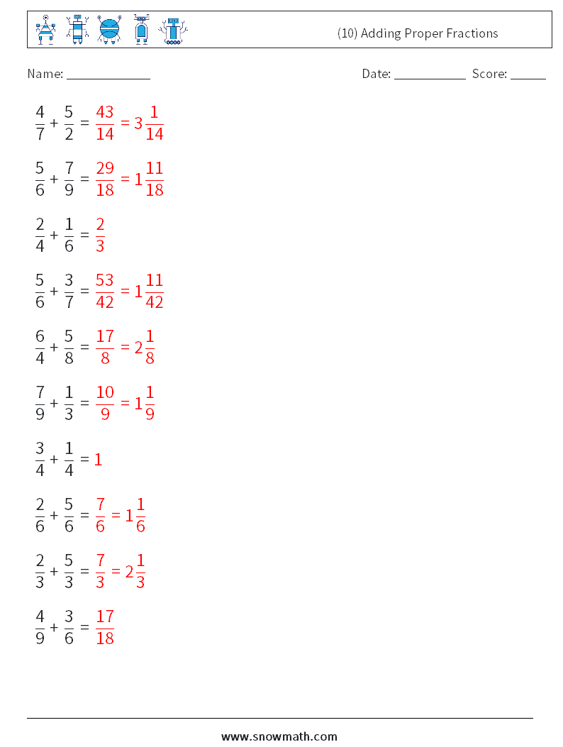 (10) Adding Proper Fractions Maths Worksheets 17 Question, Answer