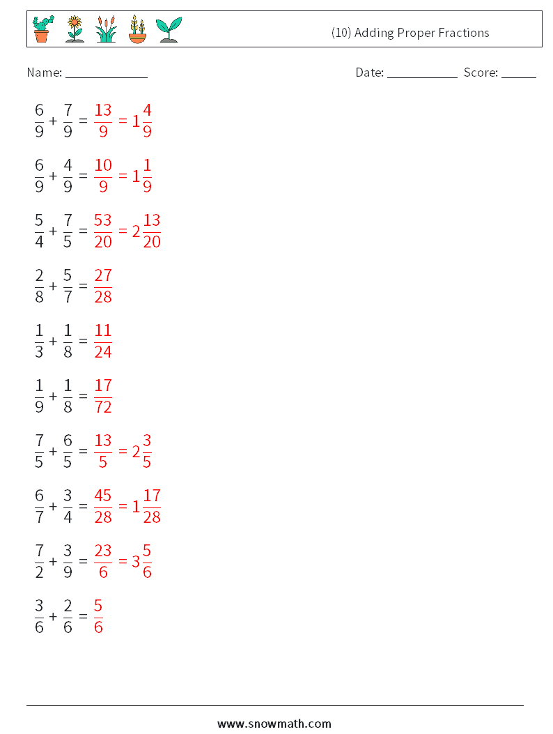 (10) Adding Proper Fractions Maths Worksheets 18 Question, Answer