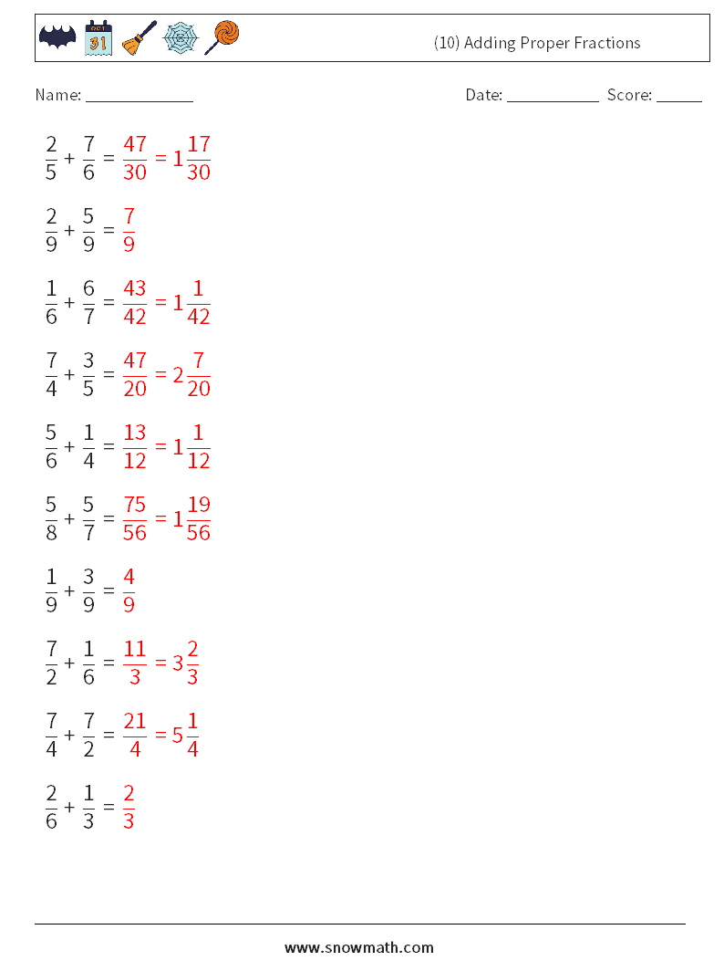 (10) Adding Proper Fractions Maths Worksheets 1 Question, Answer
