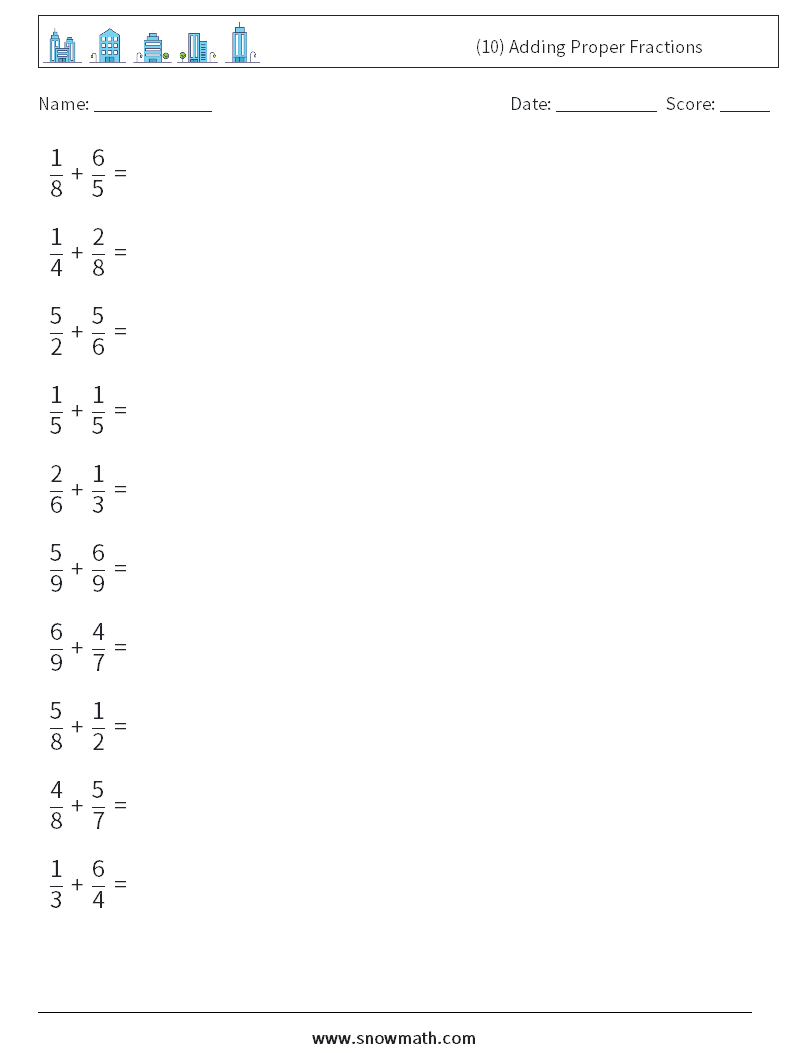 (10) Adding Proper Fractions Maths Worksheets 2