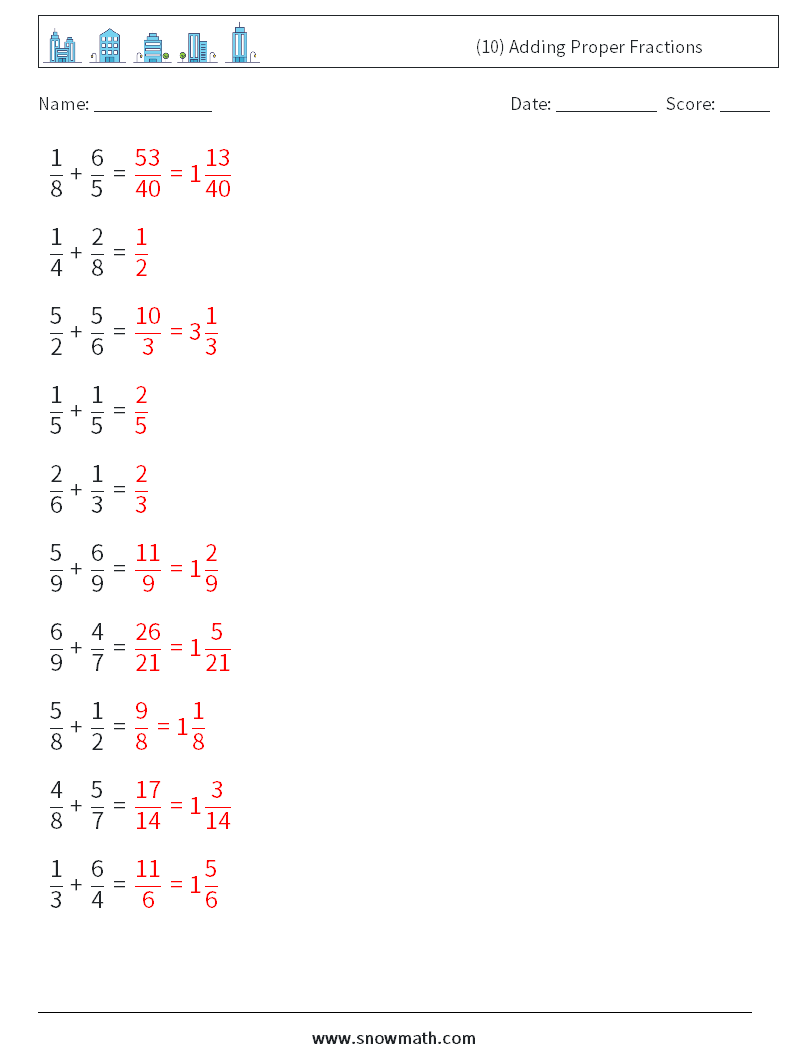 (10) Adding Proper Fractions Maths Worksheets 2 Question, Answer