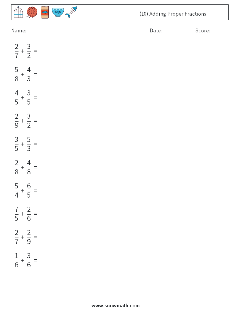 (10) Adding Proper Fractions Maths Worksheets 3