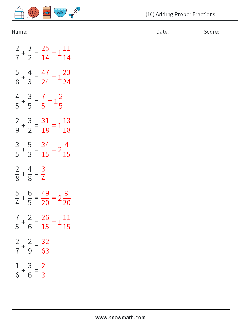 (10) Adding Proper Fractions Maths Worksheets 3 Question, Answer