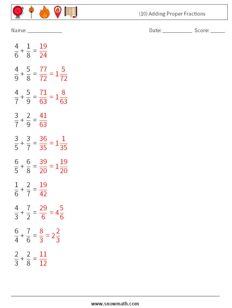 (10) Adding Proper Fractions Maths Worksheets 4 Question, Answer