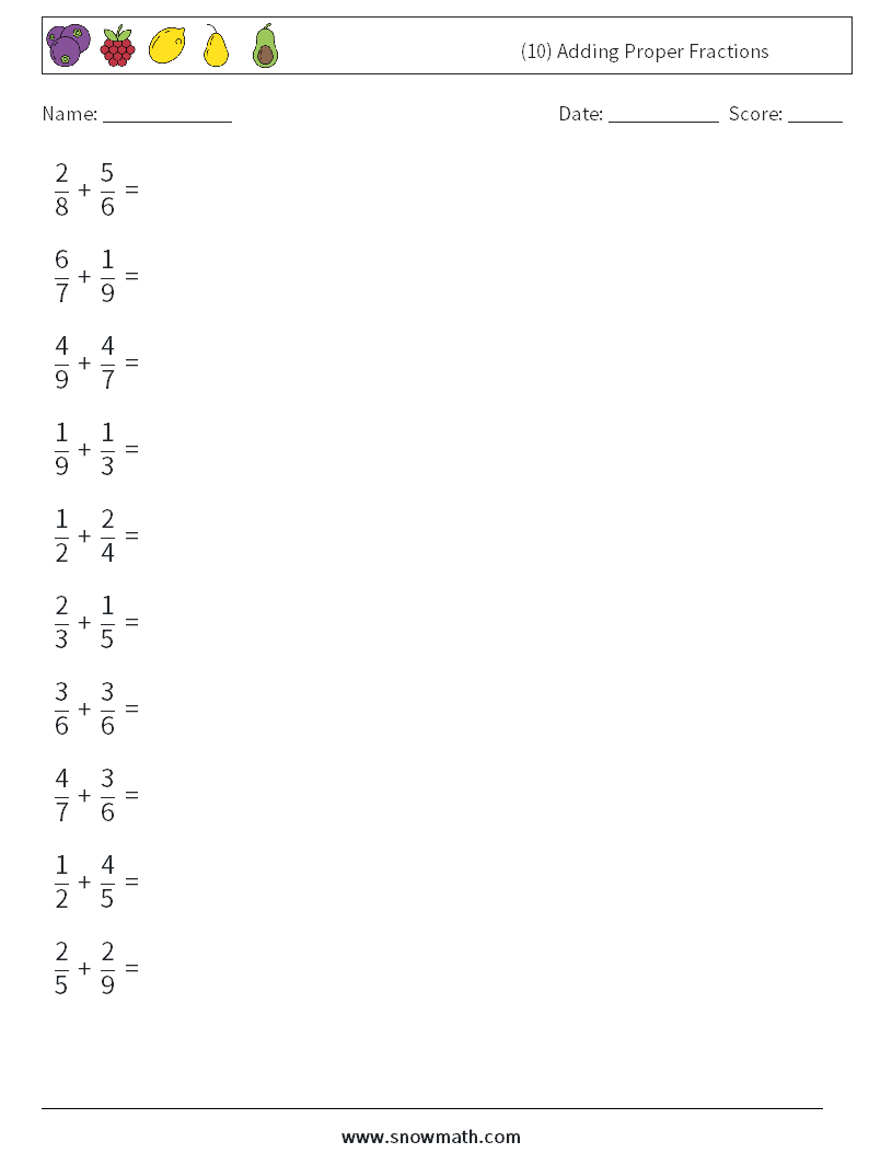 (10) Adding Proper Fractions Maths Worksheets 5