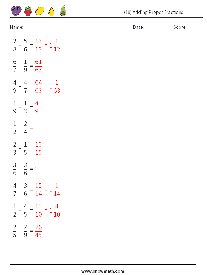 (10) Adding Proper Fractions Maths Worksheets 5 Question, Answer