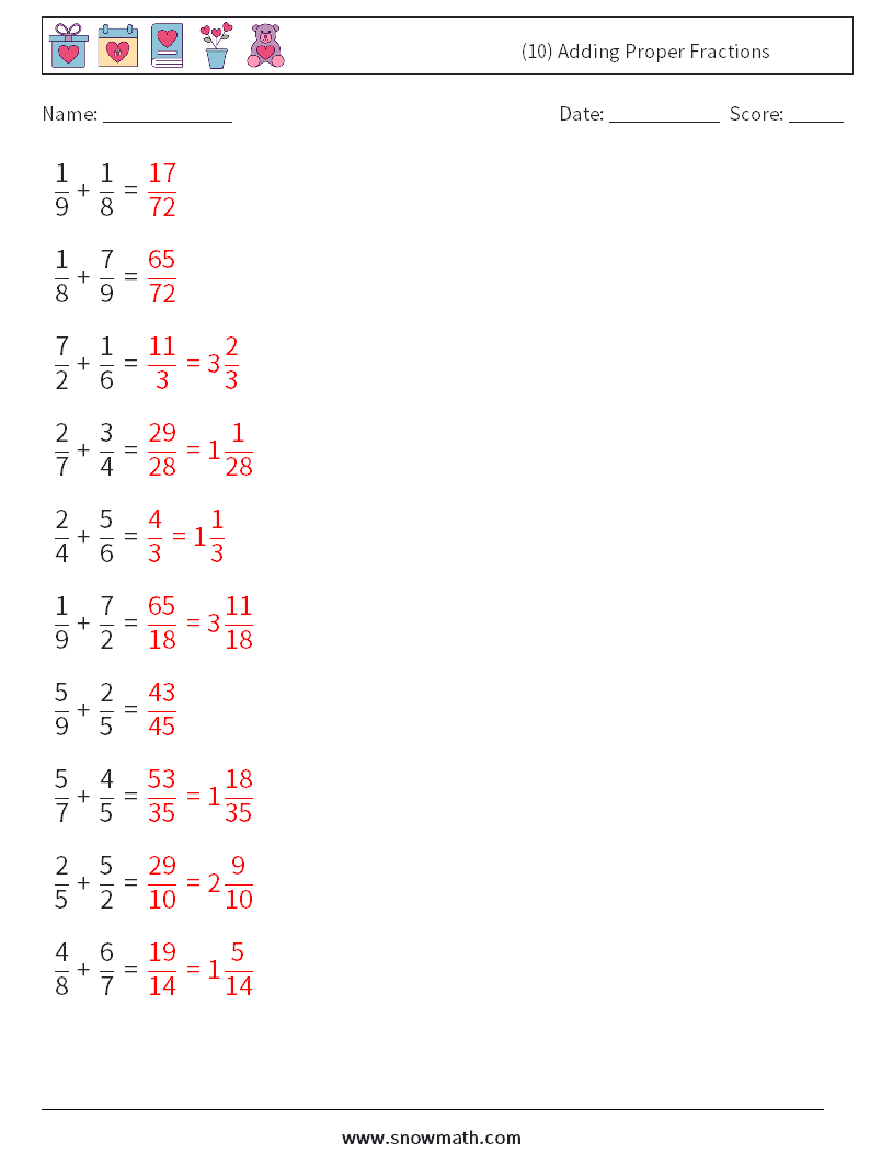 (10) Adding Proper Fractions Maths Worksheets 6 Question, Answer
