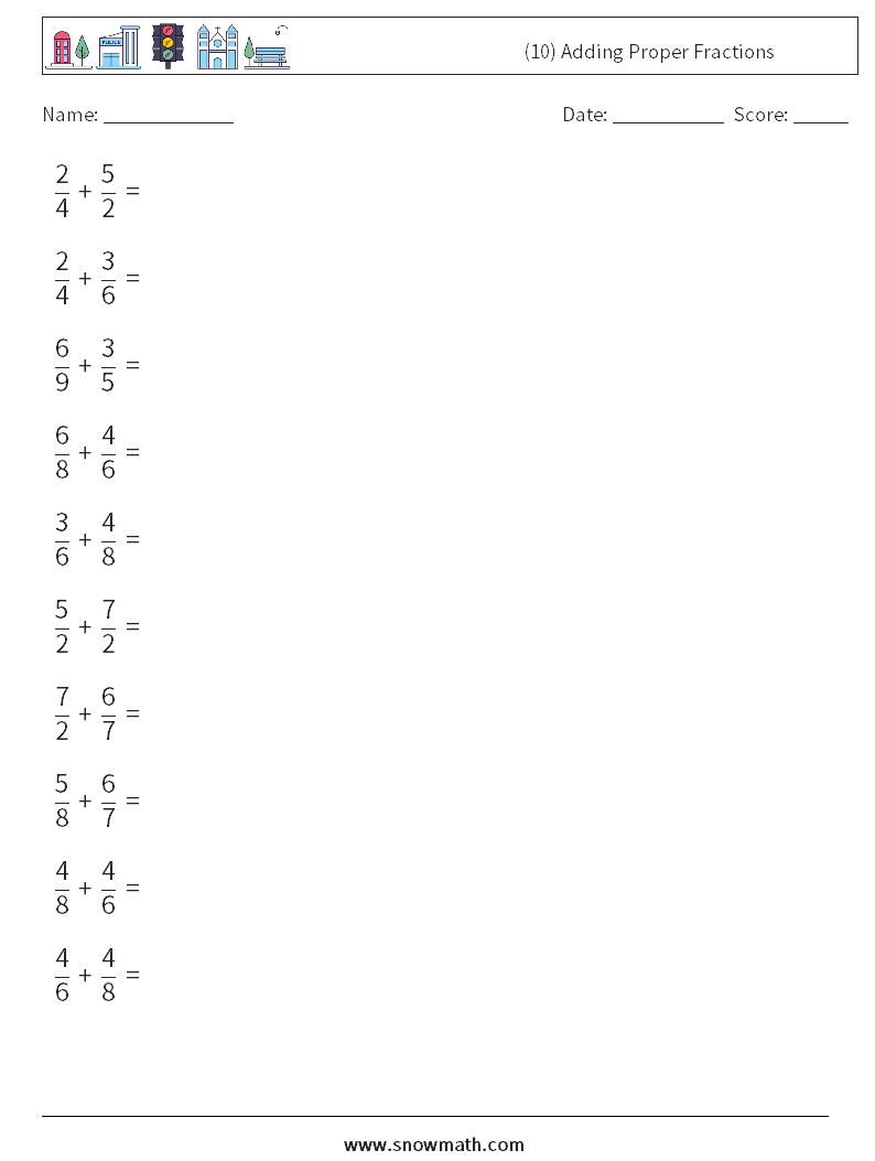 (10) Adding Proper Fractions Maths Worksheets 7