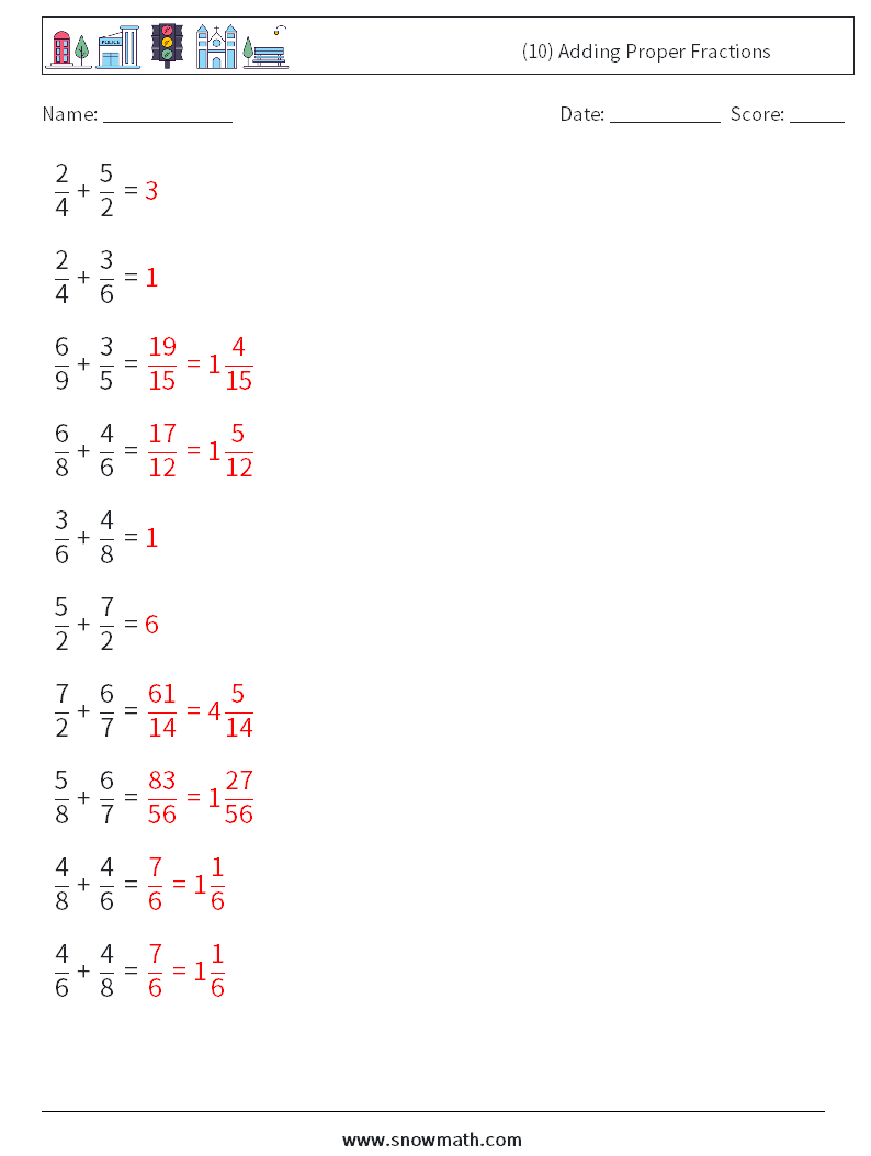 (10) Adding Proper Fractions Maths Worksheets 7 Question, Answer