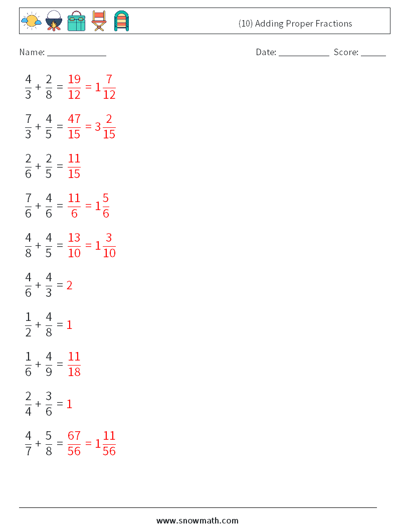 (10) Adding Proper Fractions Maths Worksheets 8 Question, Answer
