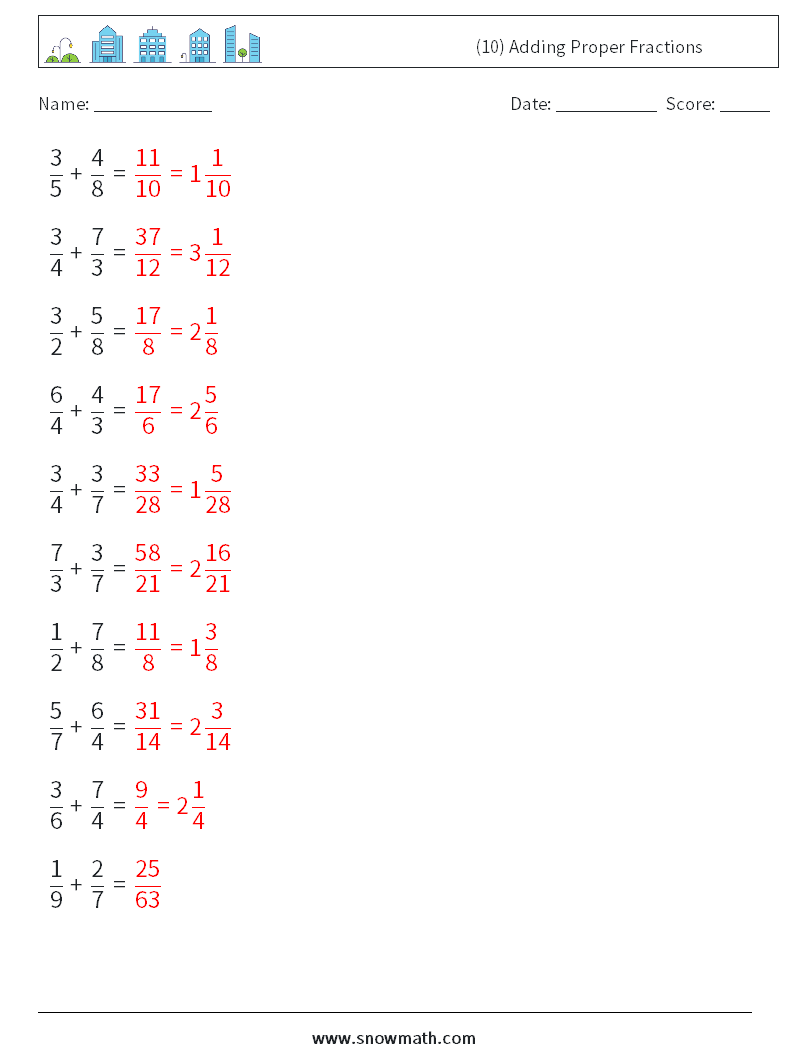 (10) Adding Proper Fractions Maths Worksheets 9 Question, Answer