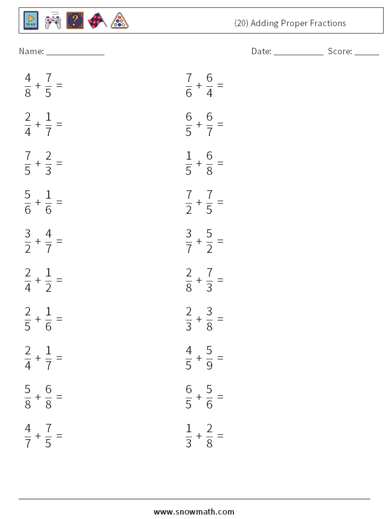 (20) Adding Proper Fractions Maths Worksheets 6