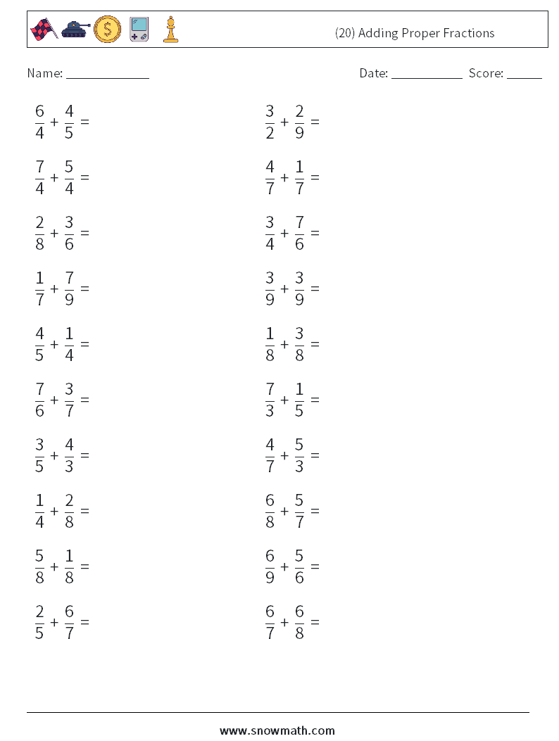 (20) Adding Proper Fractions Maths Worksheets 9