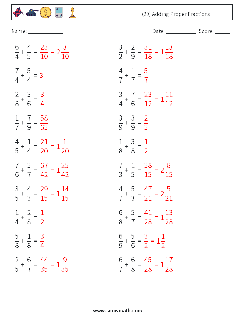 (20) Adding Proper Fractions Maths Worksheets 9 Question, Answer