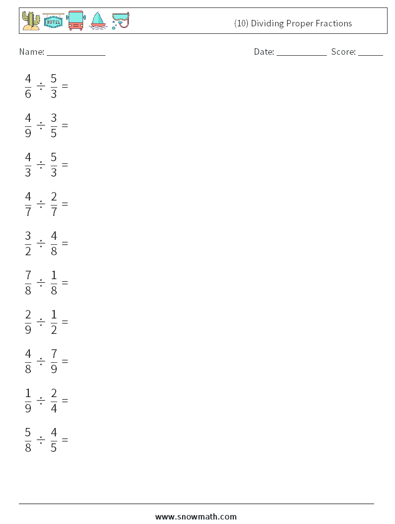 (10) Dividing Proper Fractions Maths Worksheets 1