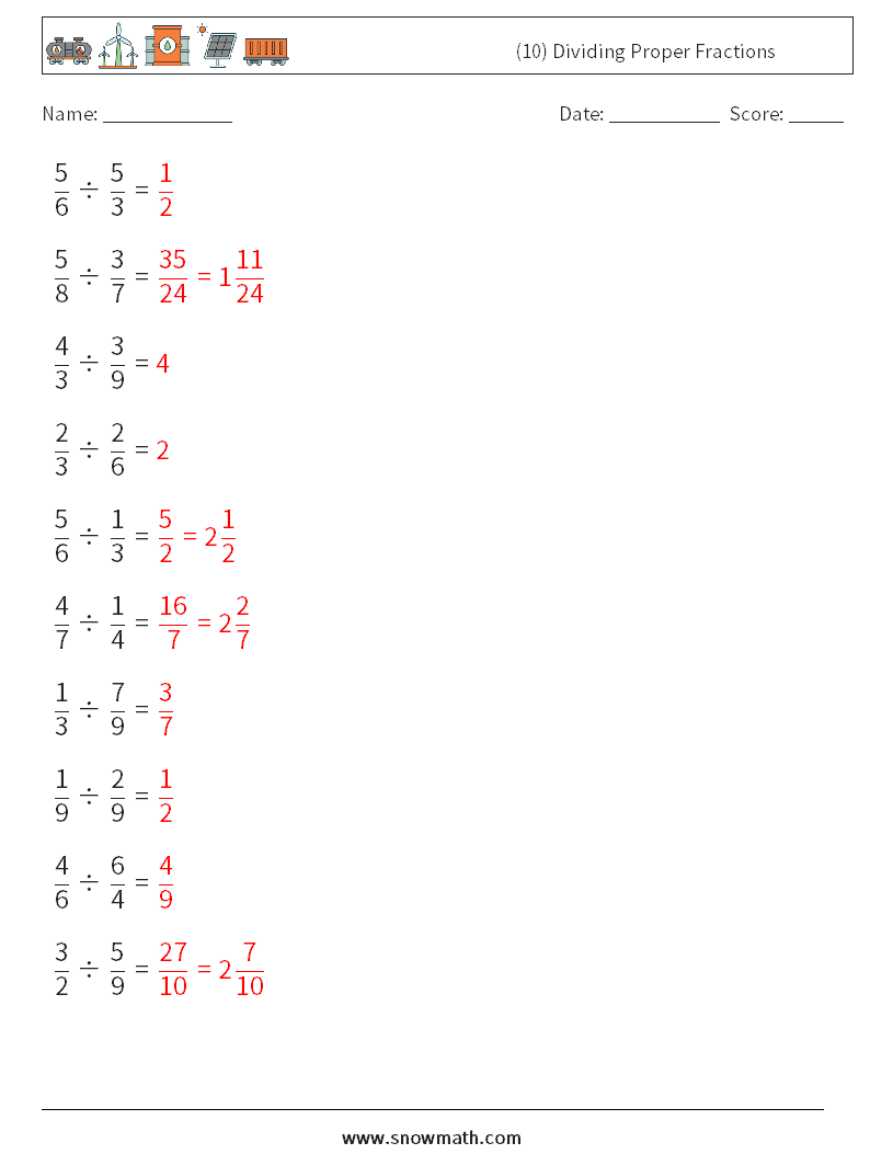 (10) Dividing Proper Fractions Maths Worksheets 10 Question, Answer