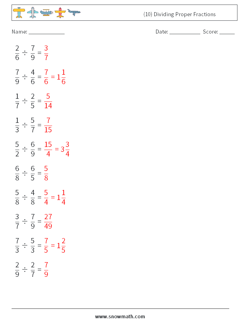 (10) Dividing Proper Fractions Maths Worksheets 16 Question, Answer