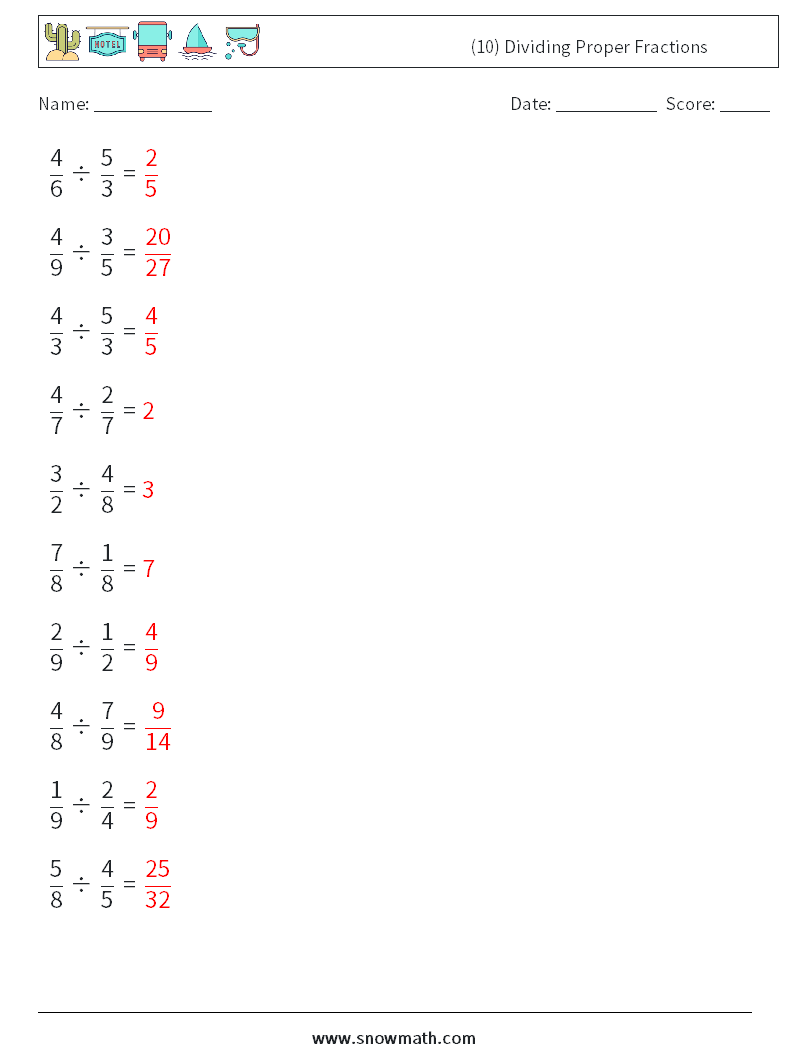 (10) Dividing Proper Fractions Maths Worksheets 1 Question, Answer